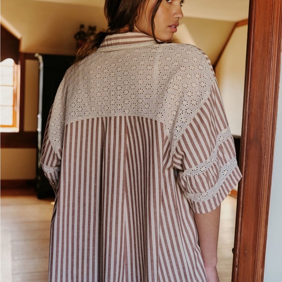 Striped Brown and White Button-Up Eyelet Lounge Shirt Free People - Picture 2 of 2